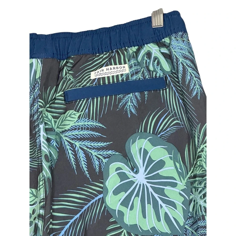 Fair Harbor Mens Tropical Palm Print Board Shorts Large Lined Swim Trunks Green